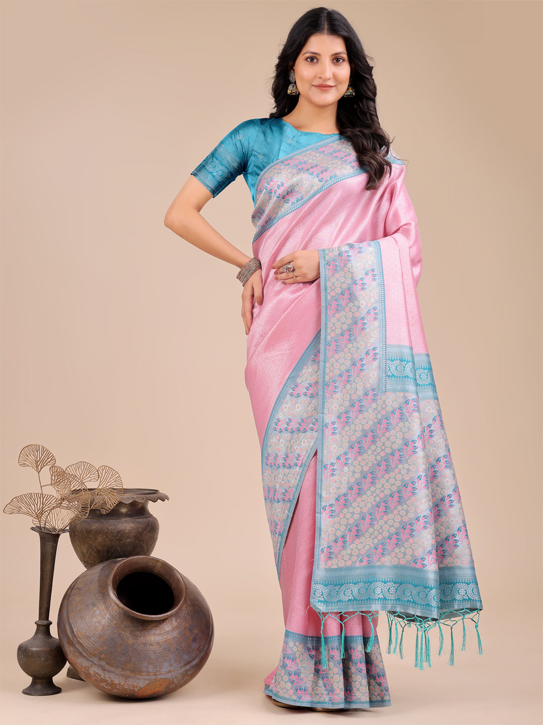 Radiant light pink silk saree with pink and blue floral motifs