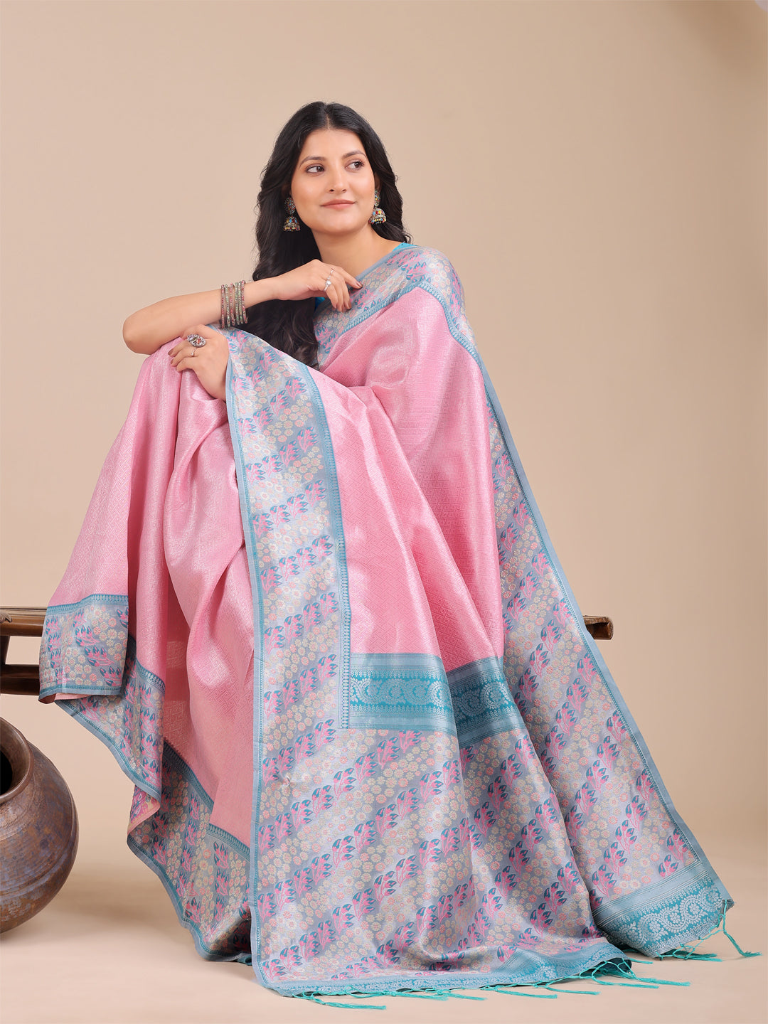 Light Pink Silk Saree with Floral Pattern for Festive Wear