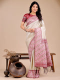 Cream Silk Saree with Pink & Blue Floral Pattern