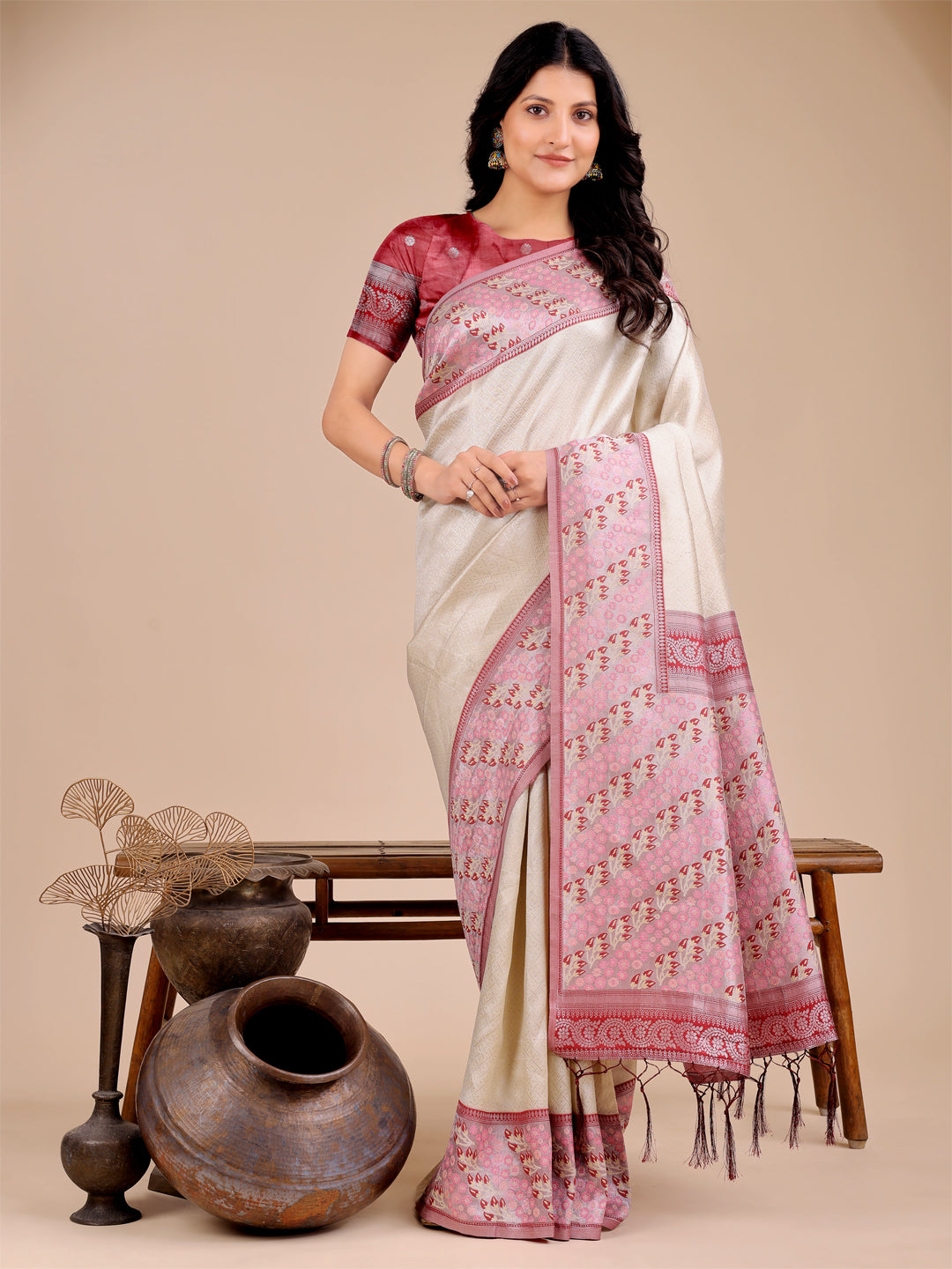 Cream Silk Saree with Pink & Blue Floral Pattern