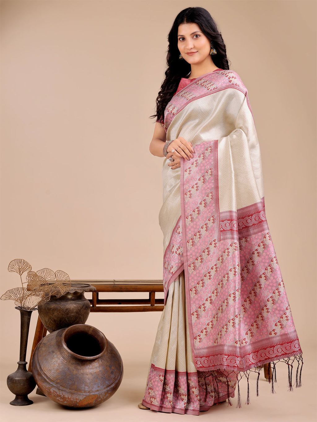 Cream Silk Saree with Pink & Blue Floral Pattern