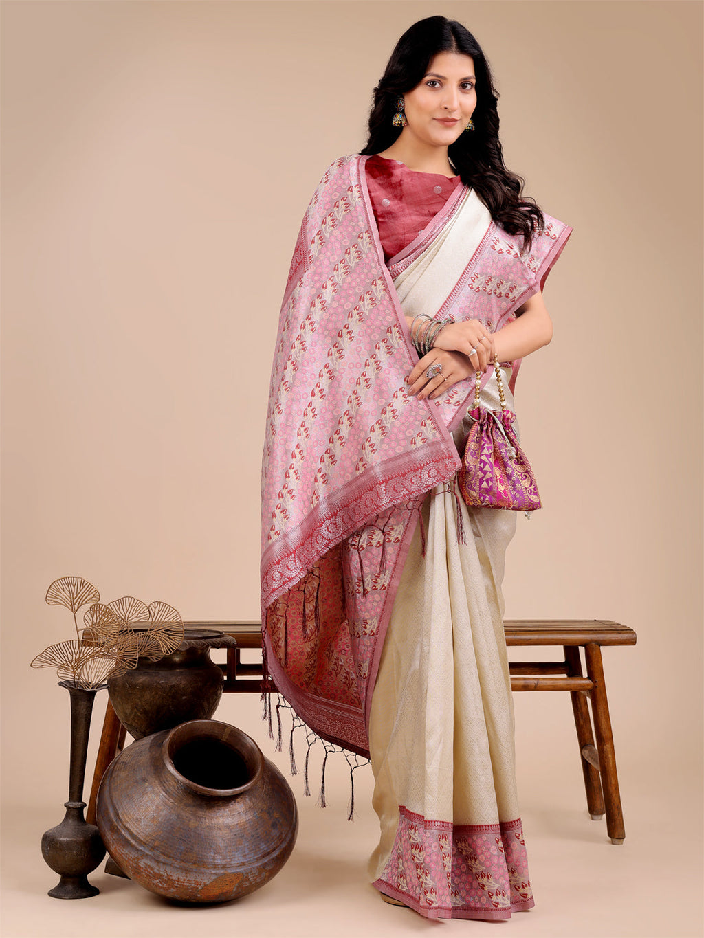 Cream Silk Saree with Pink & Blue Floral Pattern