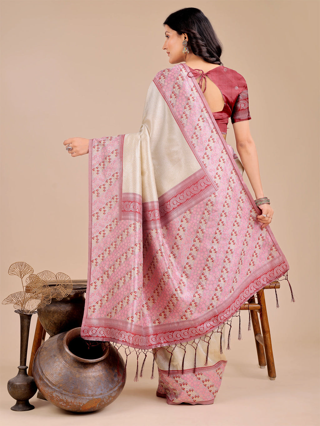 Cream Silk Saree with Pink & Blue Floral Pattern