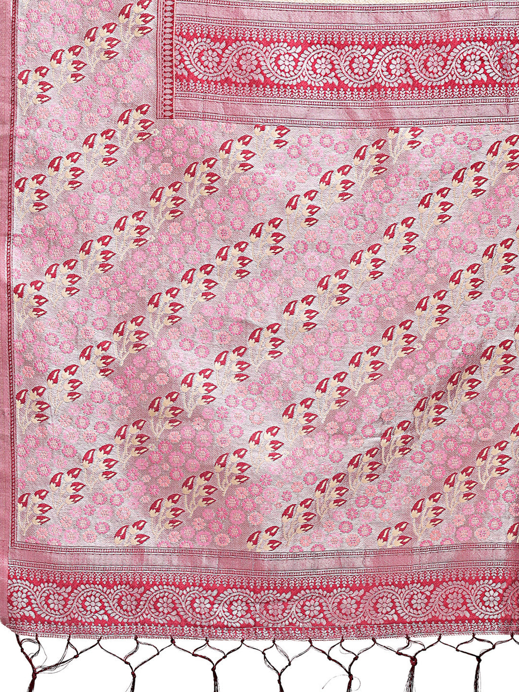 Cream Silk Saree with Pink & Blue Floral Pattern