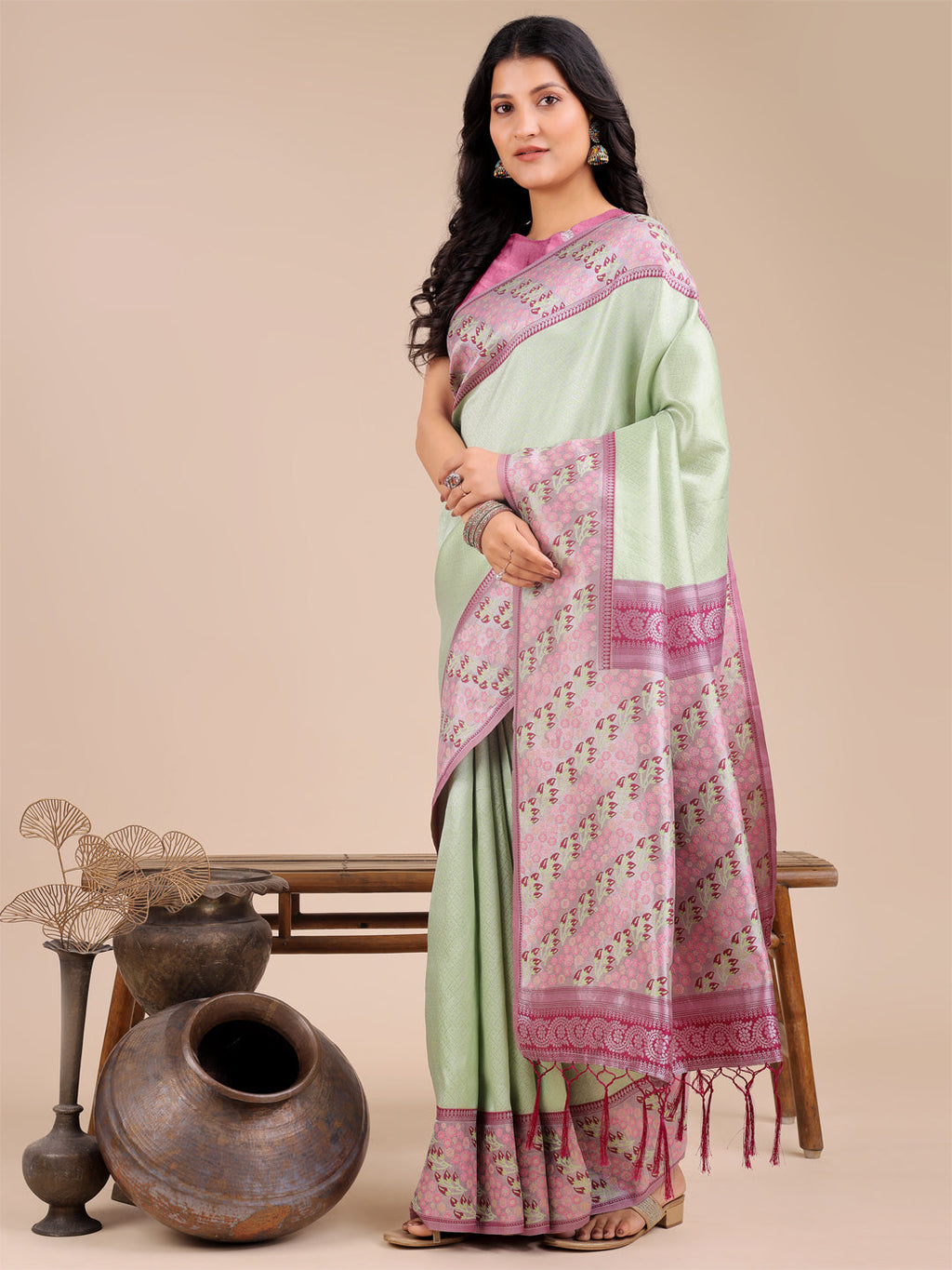 Radiant Light Green Silk Saree with Pink and Blue Floral Pattern