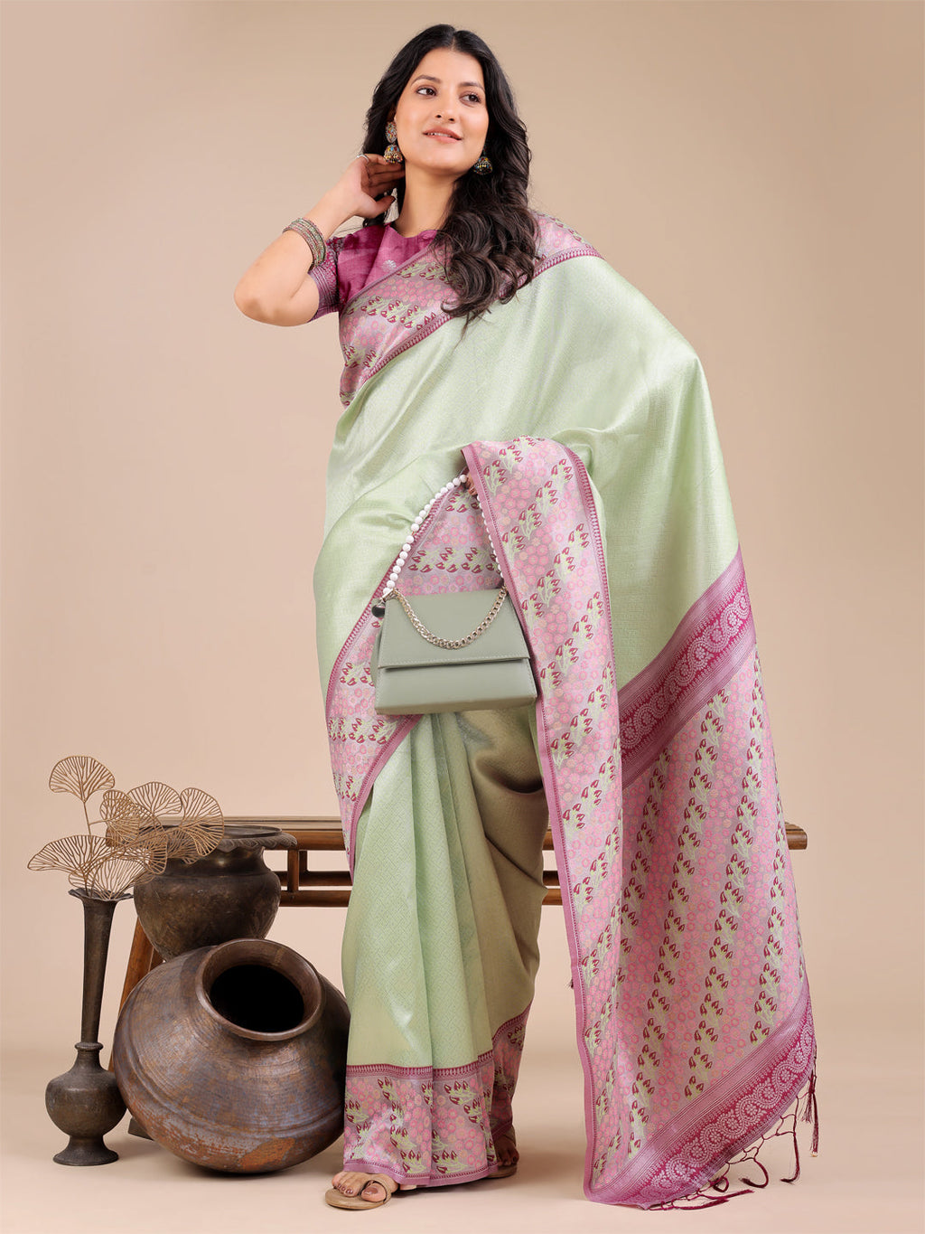 Radiant Light Green Silk Saree with Pink and Blue Floral Pattern