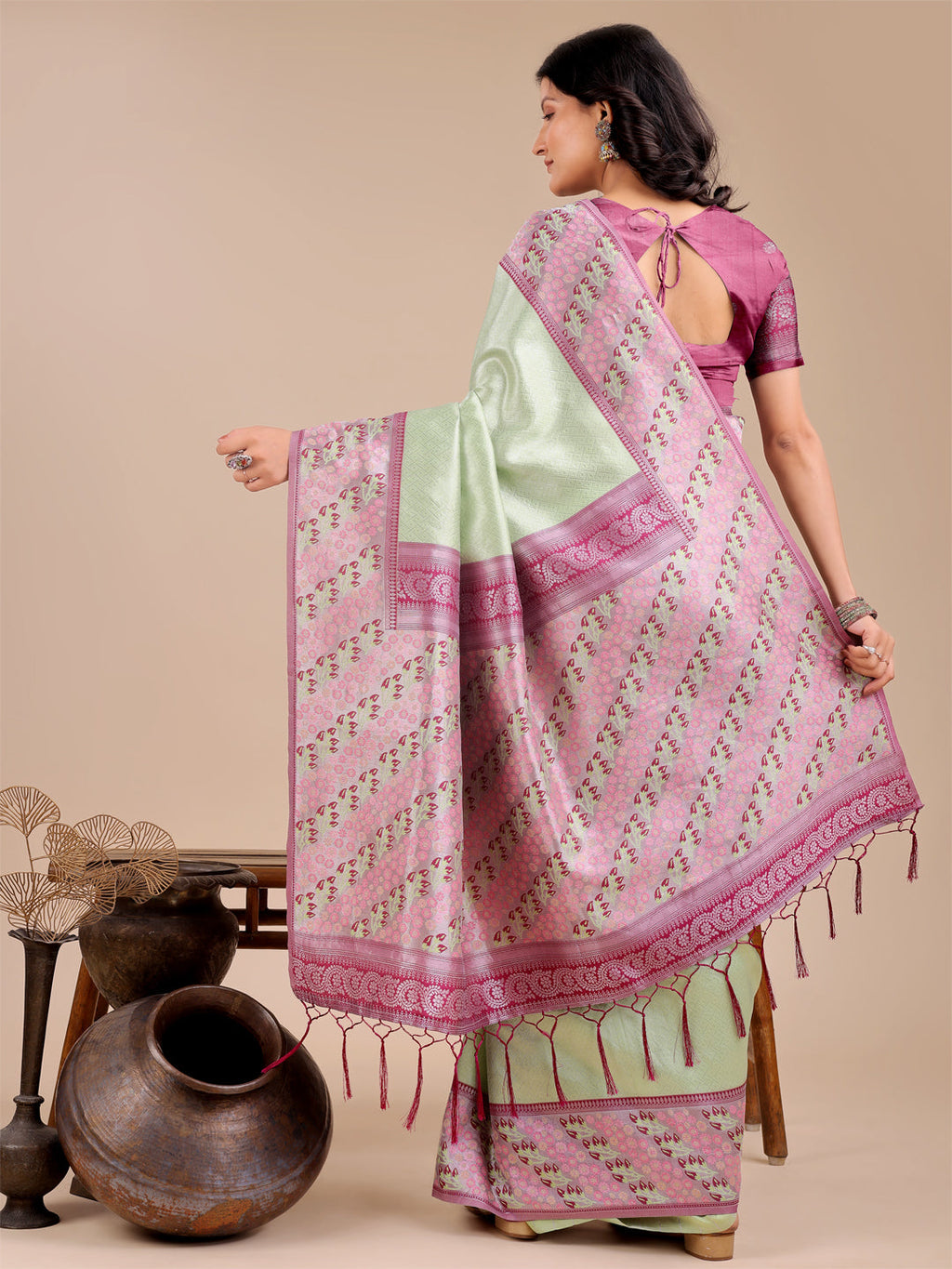 Radiant Light Green Silk Saree with Pink and Blue Floral Pattern