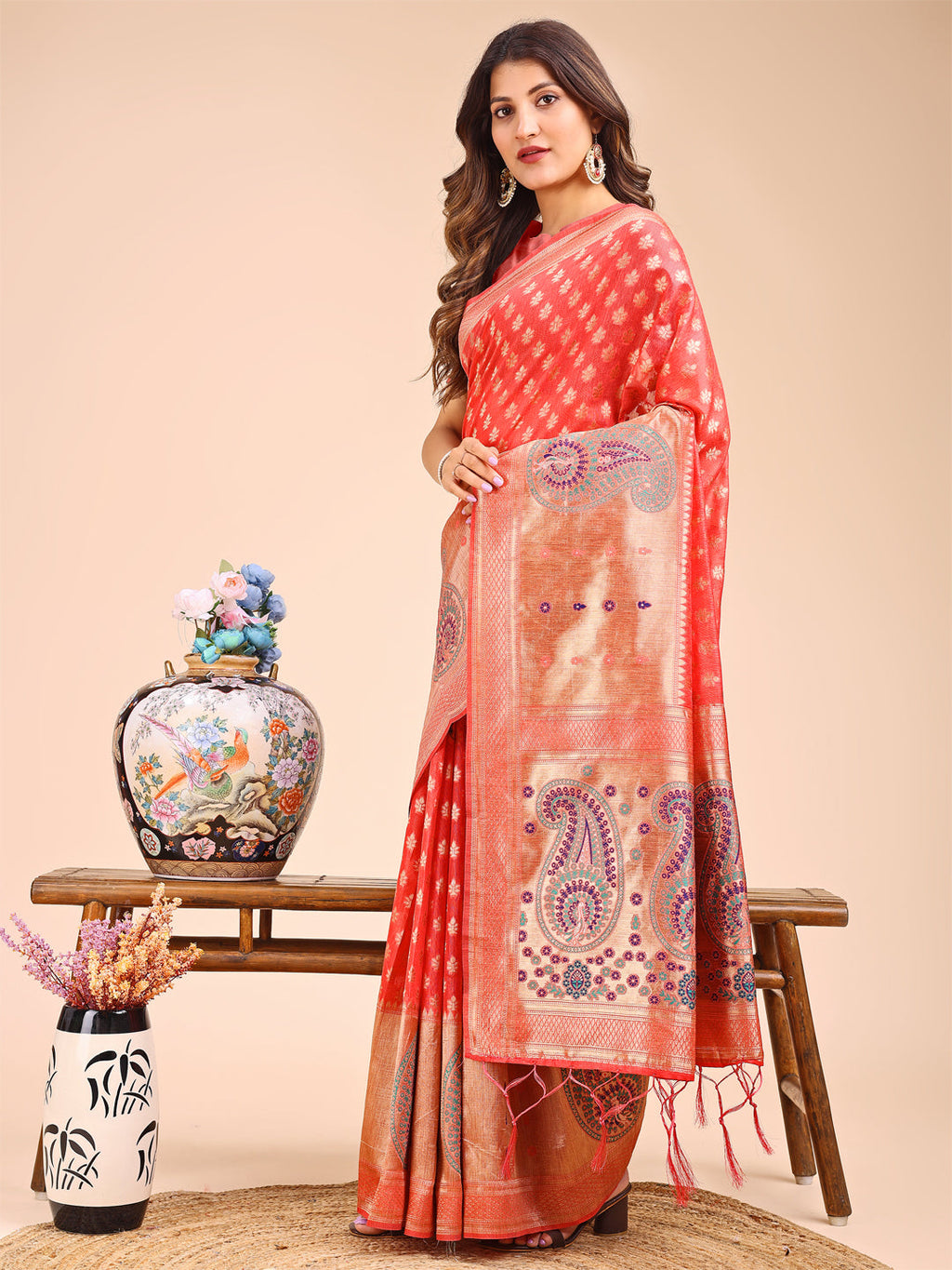 Peach and Beige Linen Cotton Saree with Royal Paisley Motif