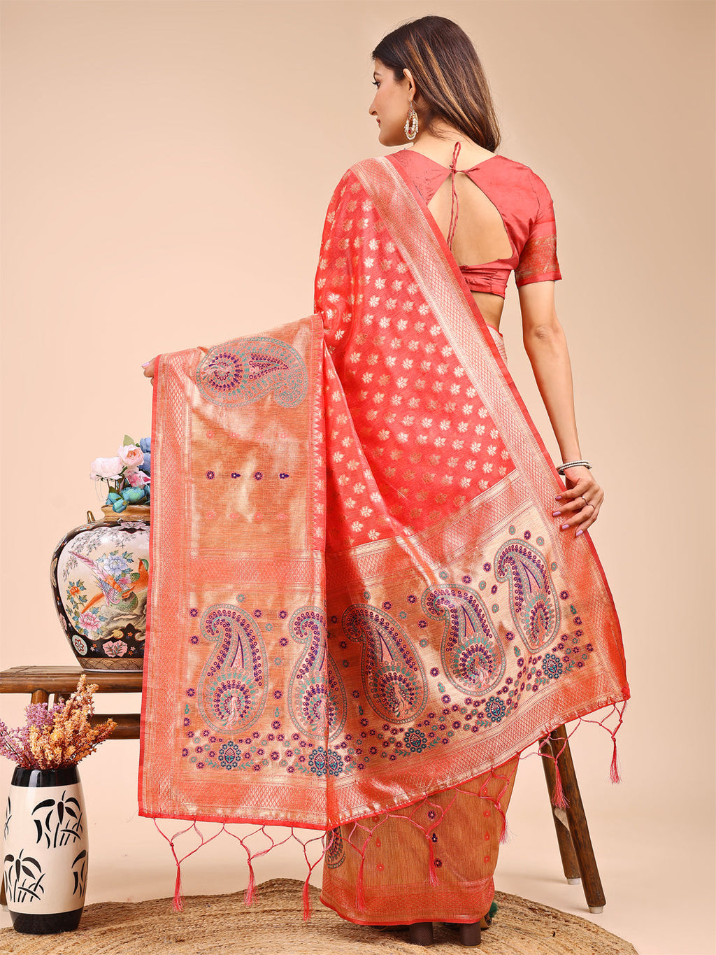 Peach and Beige Linen Cotton Saree with Royal Paisley Motif