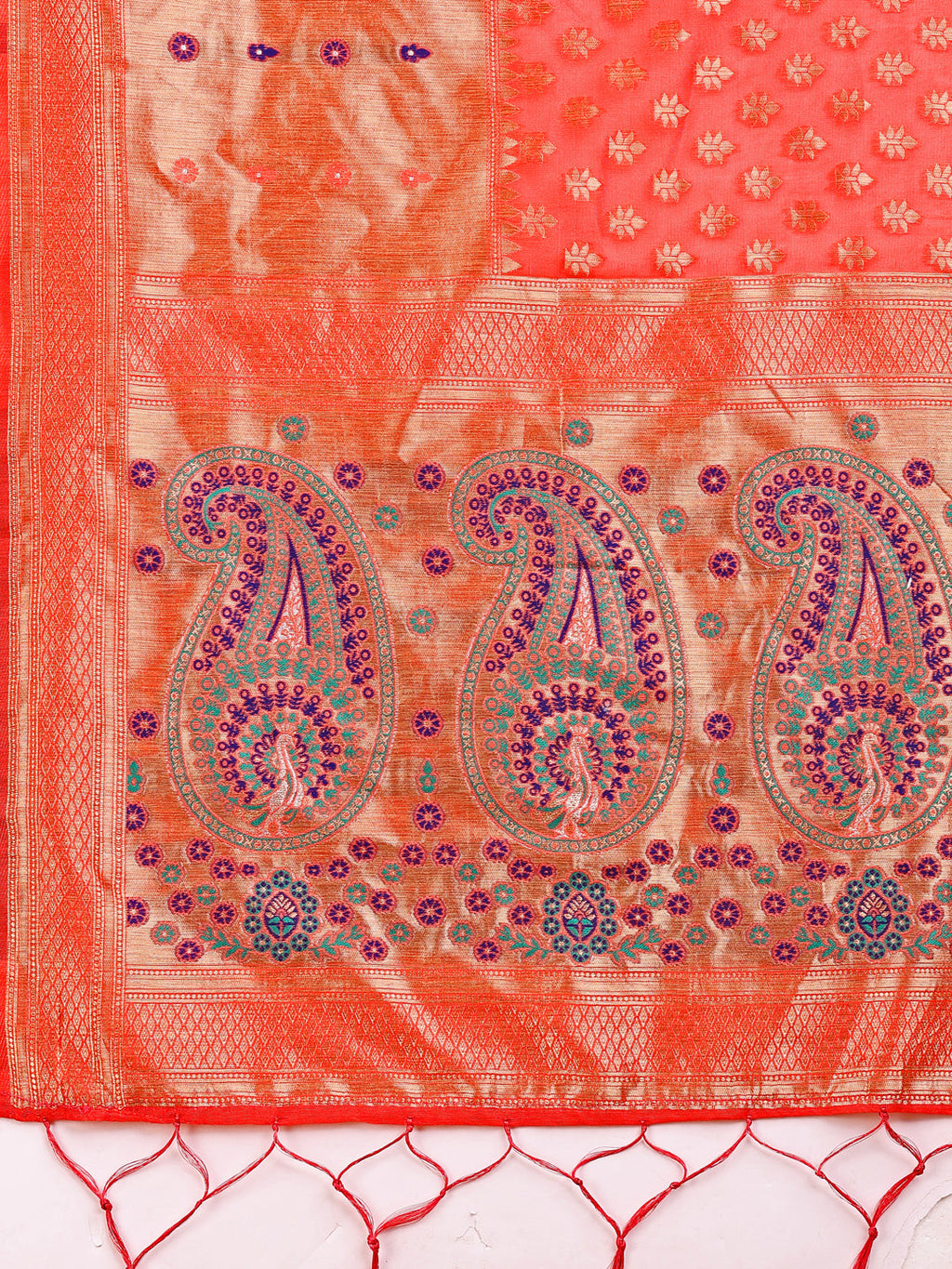 Peach and Beige Linen Cotton Saree with Royal Paisley Motif