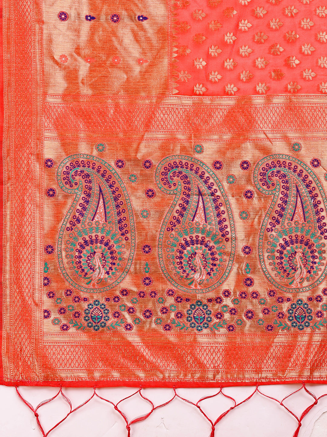 Peach and Beige Linen Cotton Saree with Royal Paisley Motif