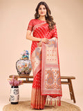 Red and Beige linen cotton saree with royal paisley motifs and golden zari details