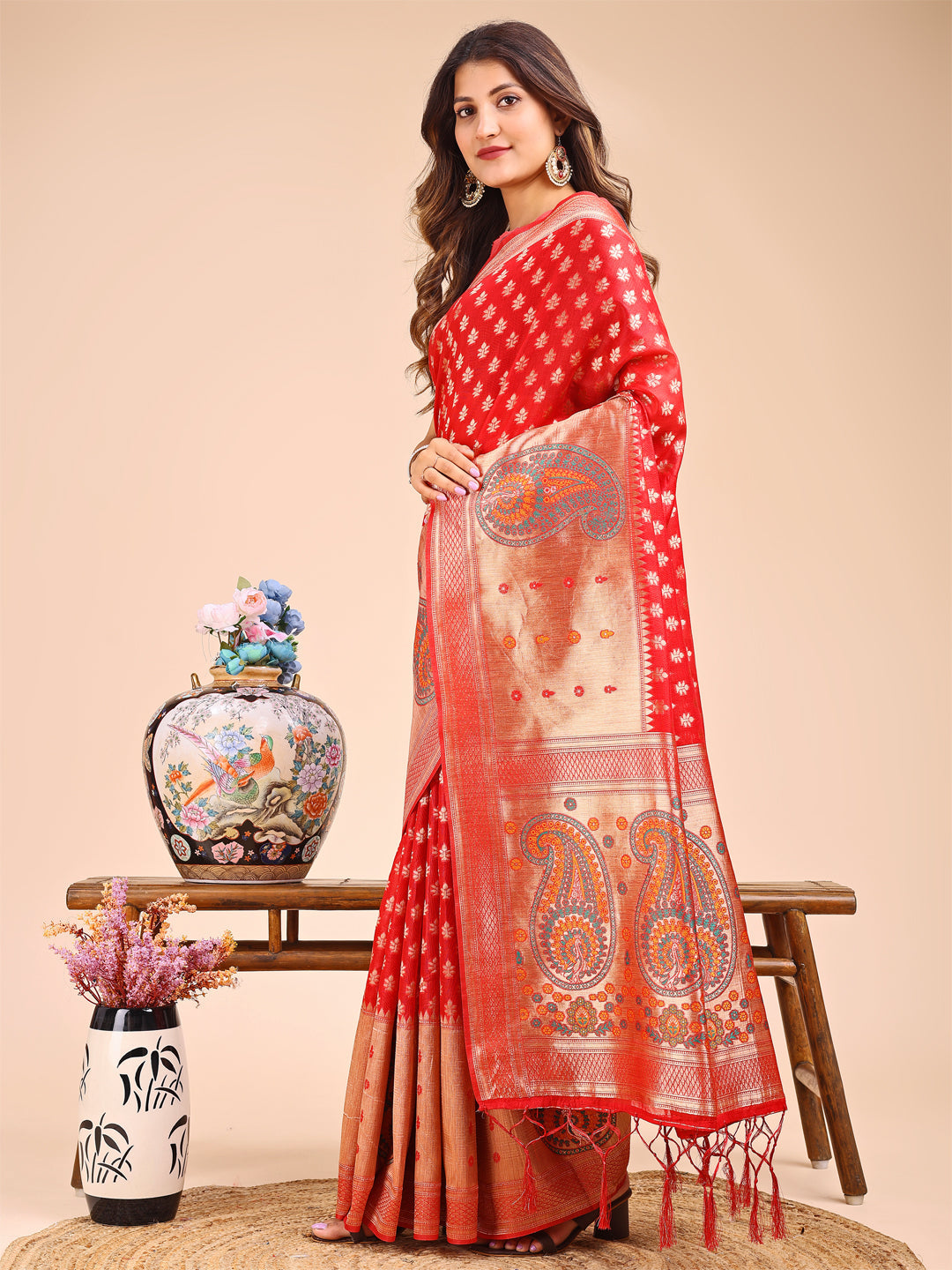 Red and Beige Linen Cotton Saree with Paisley Motifs