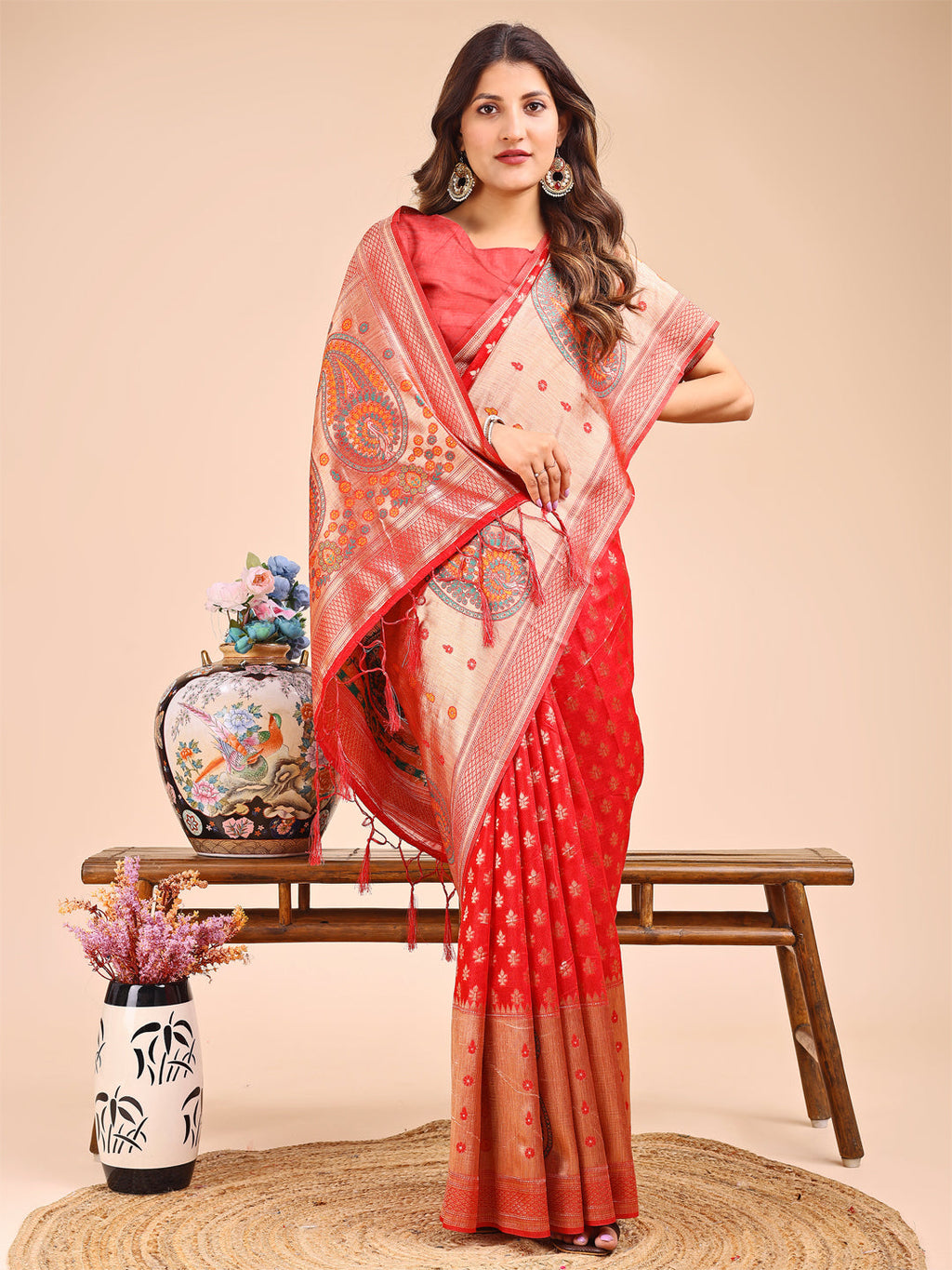 Red and Beige Linen Cotton Saree with Paisley Motifs