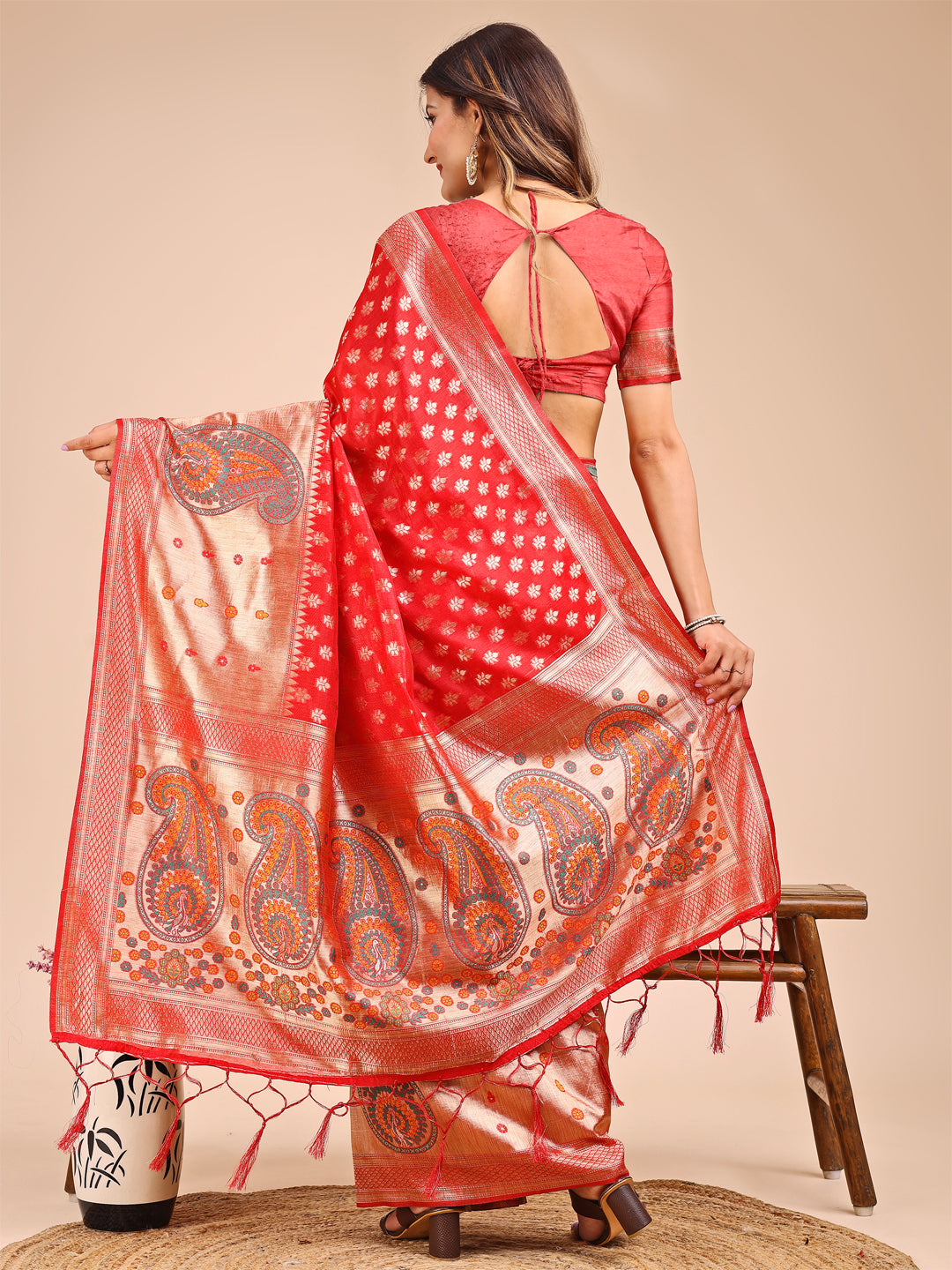 Red and Beige Linen Cotton Saree with Paisley Motifs