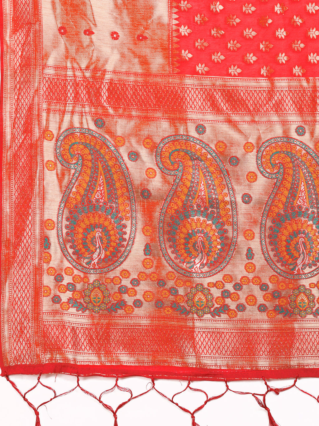 Red and Beige Linen Cotton Saree with Paisley Motifs
