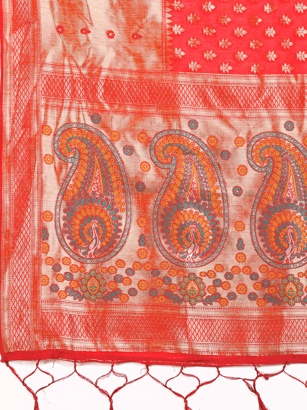 Red and Beige Linen Cotton Saree with Paisley Motifs