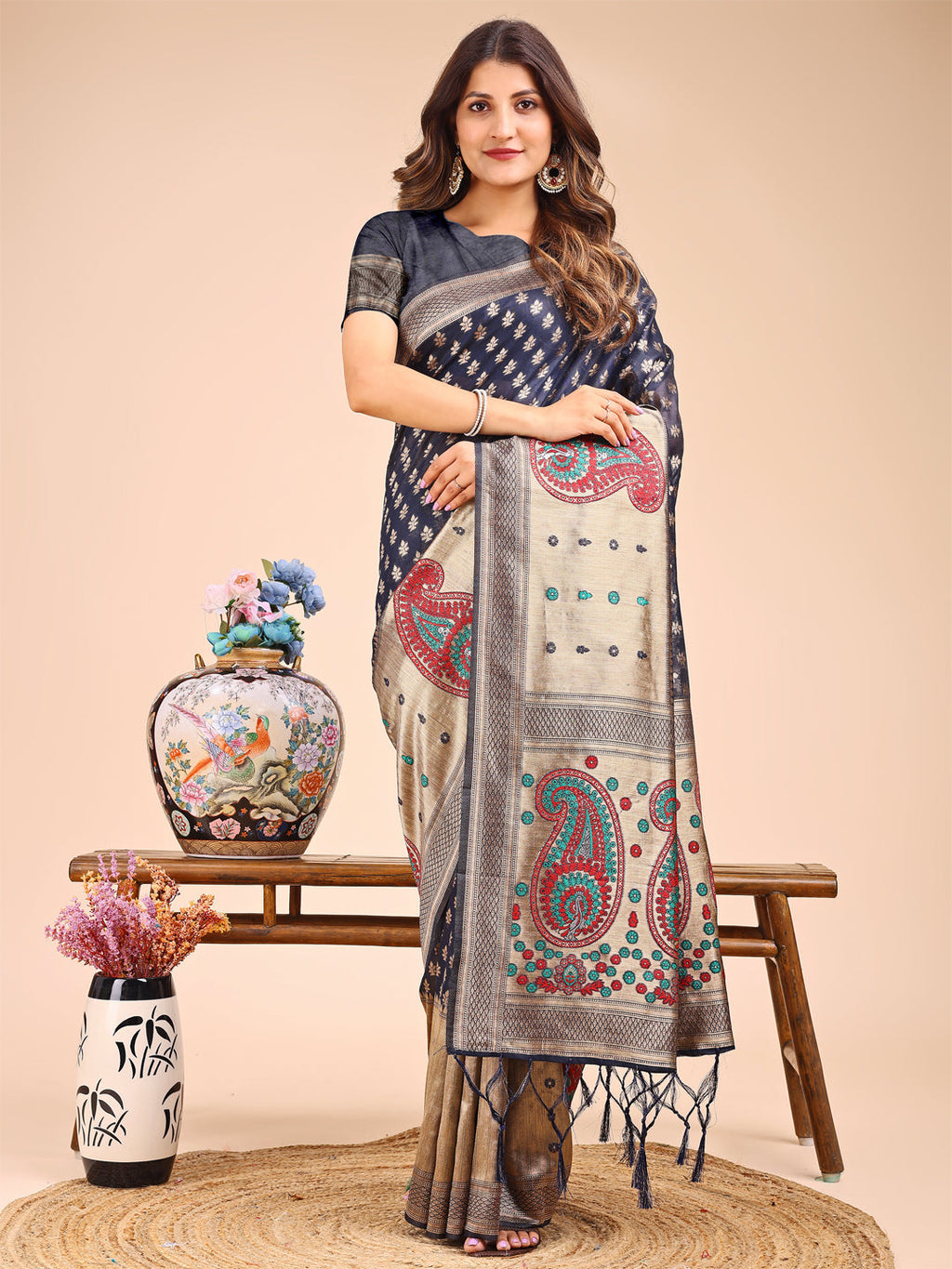 Navy blue and beige linen cotton saree with royal paisley print and gold accents