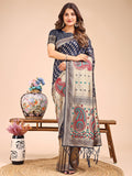 Navy blue and beige linen cotton saree with royal paisley print and gold accents