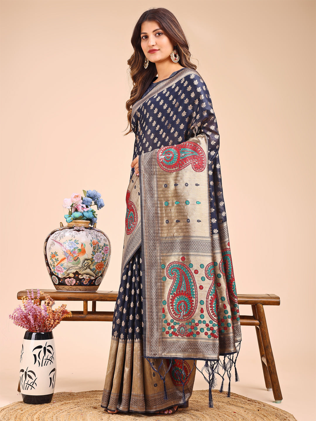 Navy Blue and Beige Linen Cotton Saree with Paisley Motifs