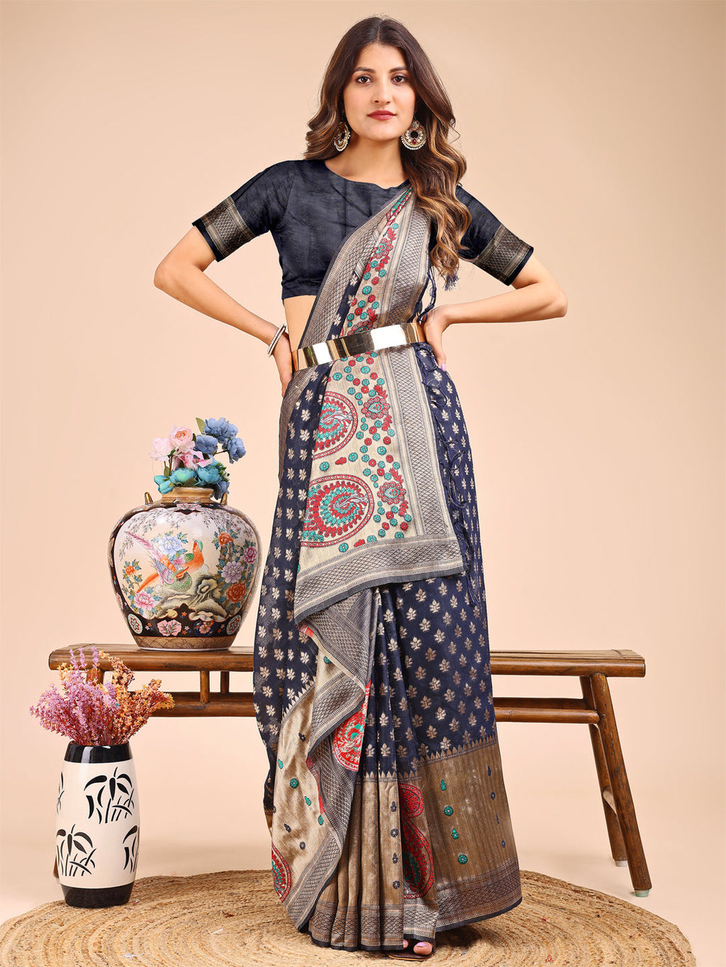 Navy Blue and Beige Linen Cotton Saree with Paisley Motifs