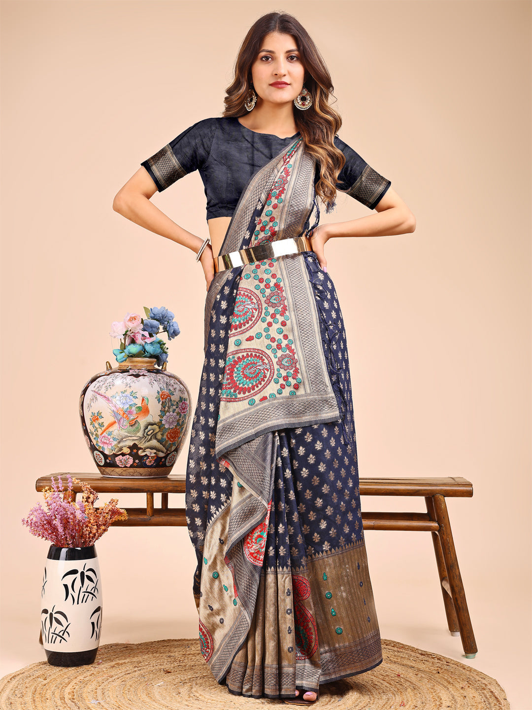 Navy Blue and Beige Linen Cotton Saree with Paisley Motifs