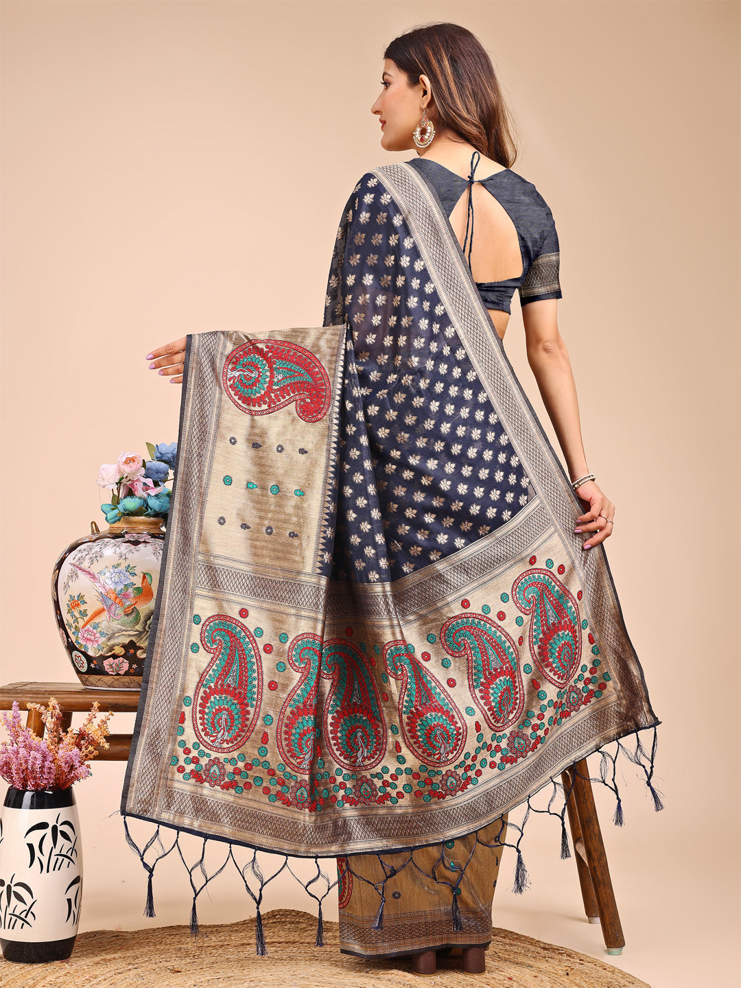 Navy Blue and Beige Linen Cotton Saree with Paisley Motifs