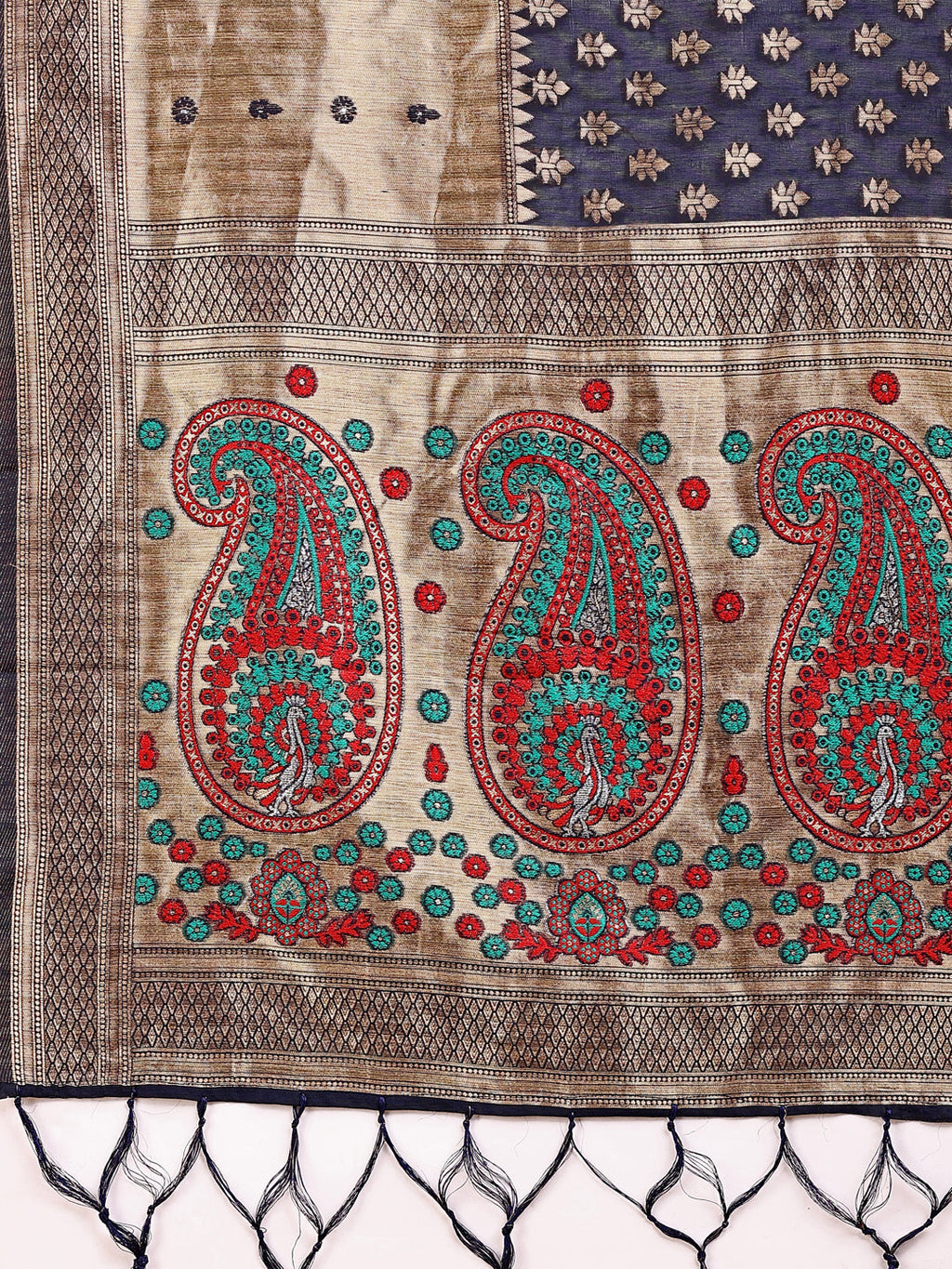 Navy Blue and Beige Linen Cotton Saree with Paisley Motifs
