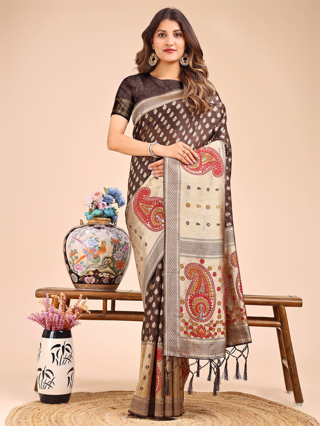 Brown and beige linen cotton saree with royal paisley print and gold zari