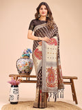Brown and beige linen cotton saree with royal paisley print and gold zari