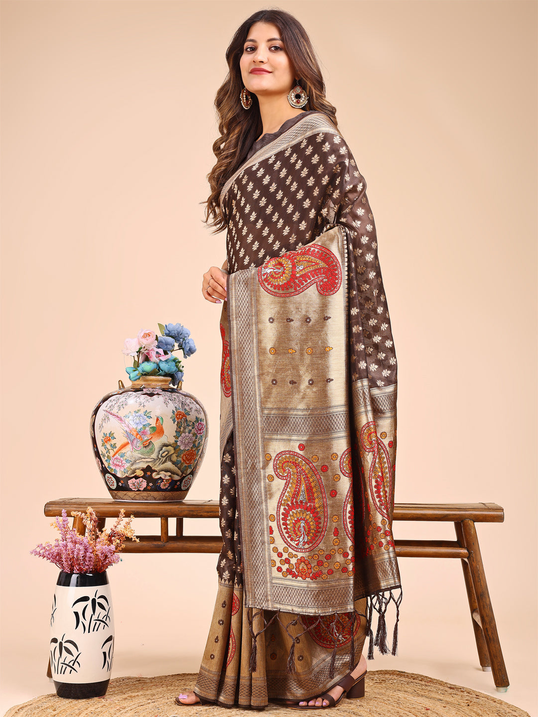Brown and Beige Linen Cotton Saree with Royal Paisley Accents