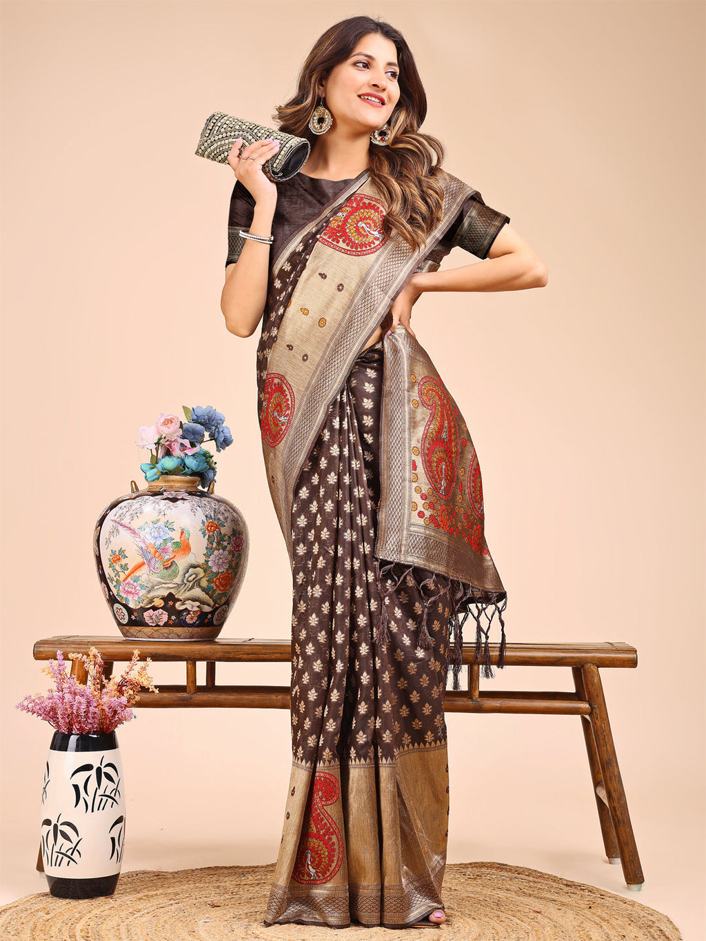 Brown and Beige Linen Cotton Saree with Royal Paisley Accents