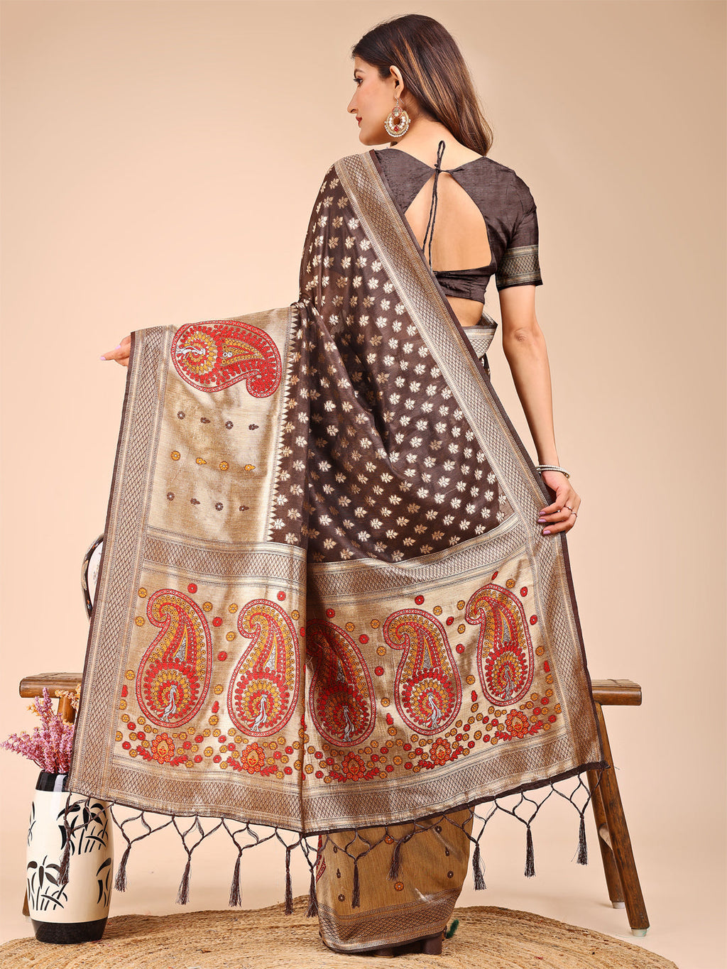 Brown and Beige Linen Cotton Saree with Royal Paisley Accents