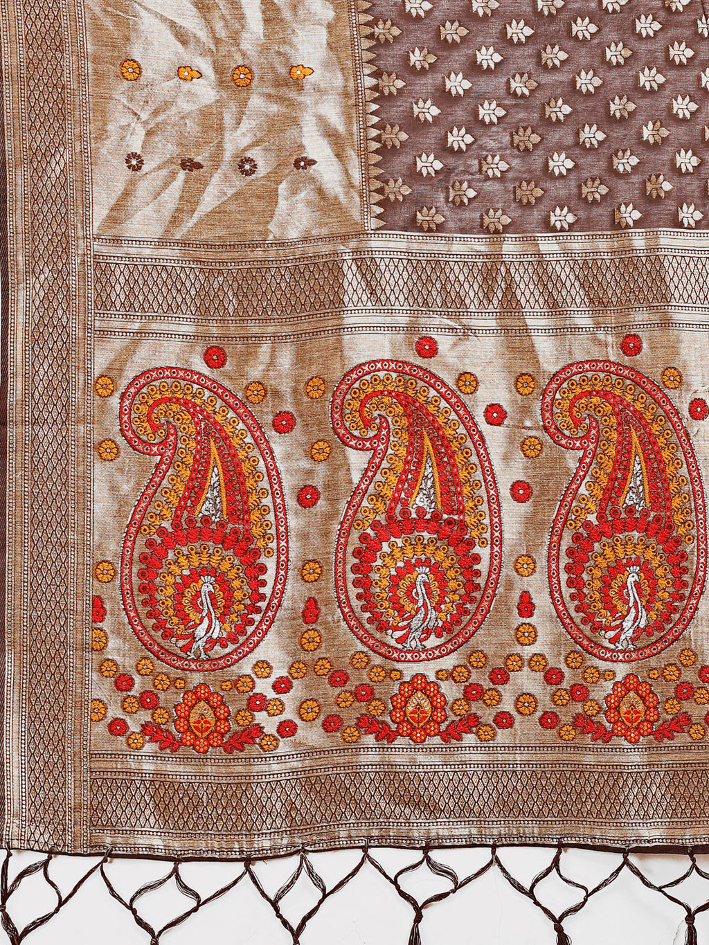 Brown and Beige Linen Cotton Saree with Royal Paisley Accents