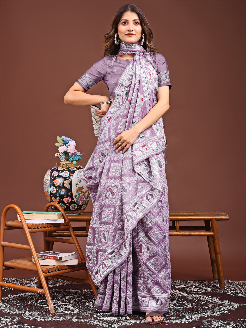 Graceful Purple Printed Saree with Traditional Ethnic Design