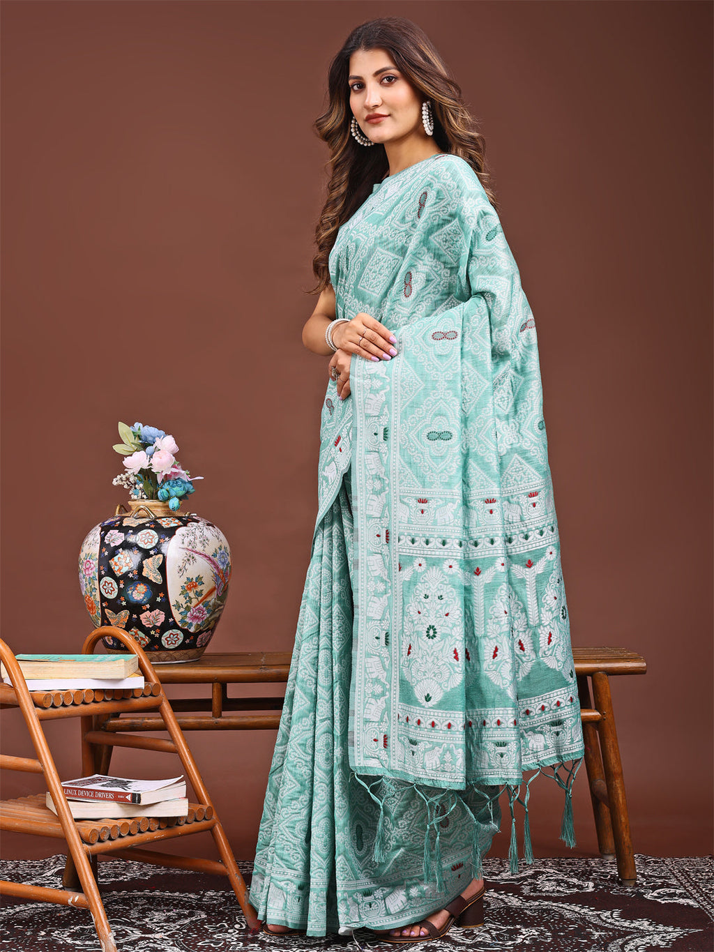 Sea Green Printed Saree for Everyday Grace and Tradition