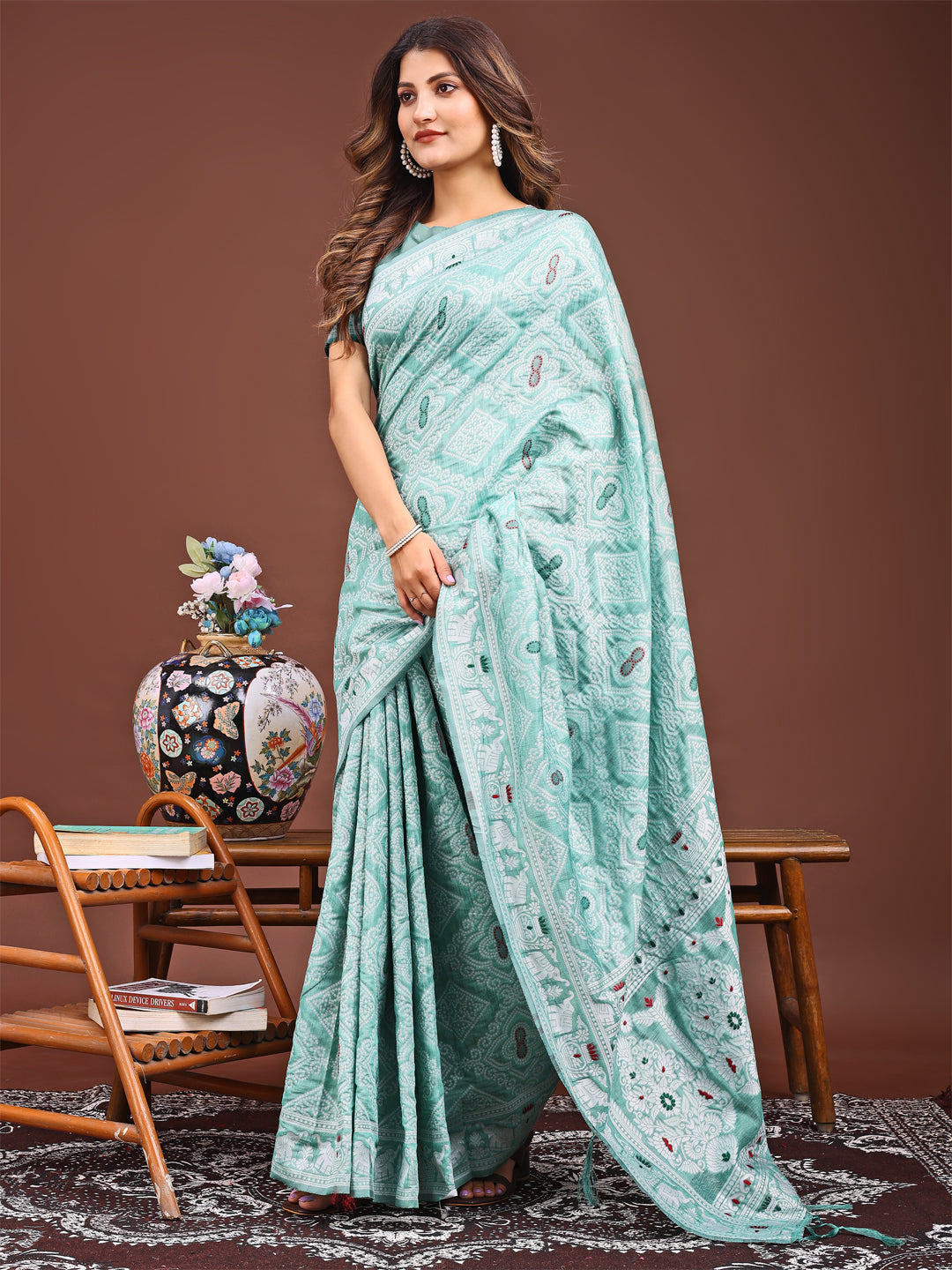 Sea Green Printed Saree for Everyday Grace and Tradition