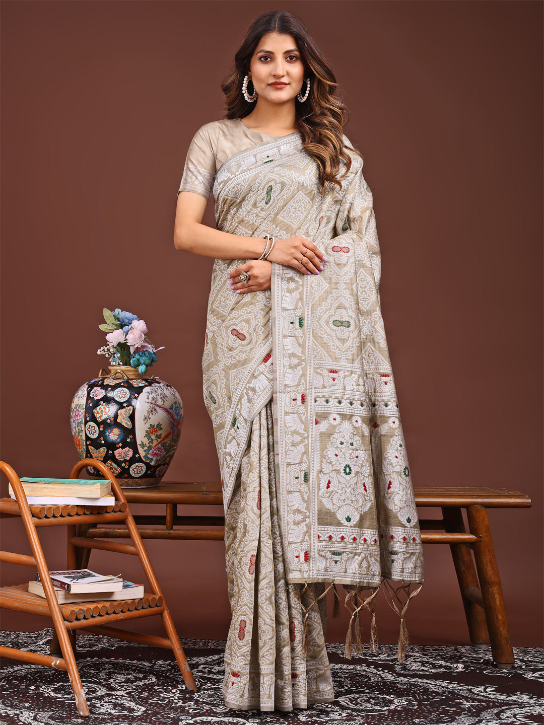 Brown printed traditional saree