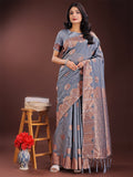 Grey linen cotton saree with intricate woven geometric zari work