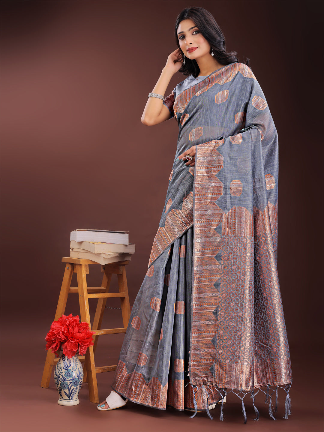 Grey Linen Cotton Saree with Woven Geometric Zari Motifs