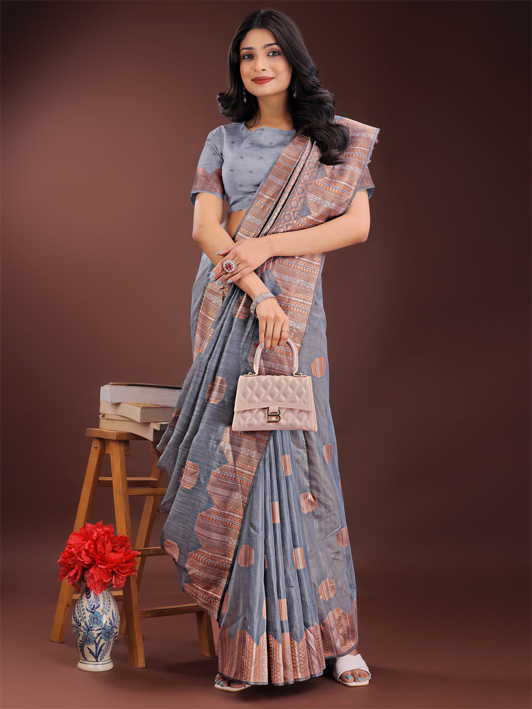 Grey Linen Cotton Saree with Woven Geometric Zari Motifs
