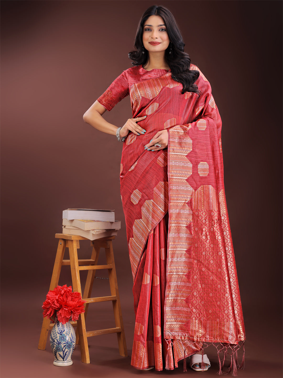 Red linen cotton saree with woven geometric Zari motifs and designer pallu