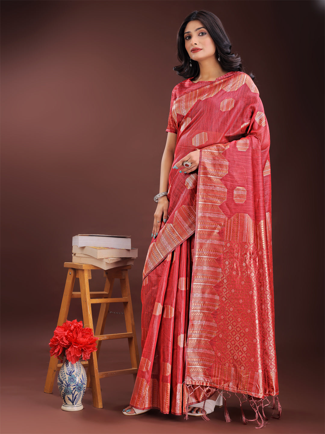 Red Linen Cotton Saree with Geometric Zari Motifs