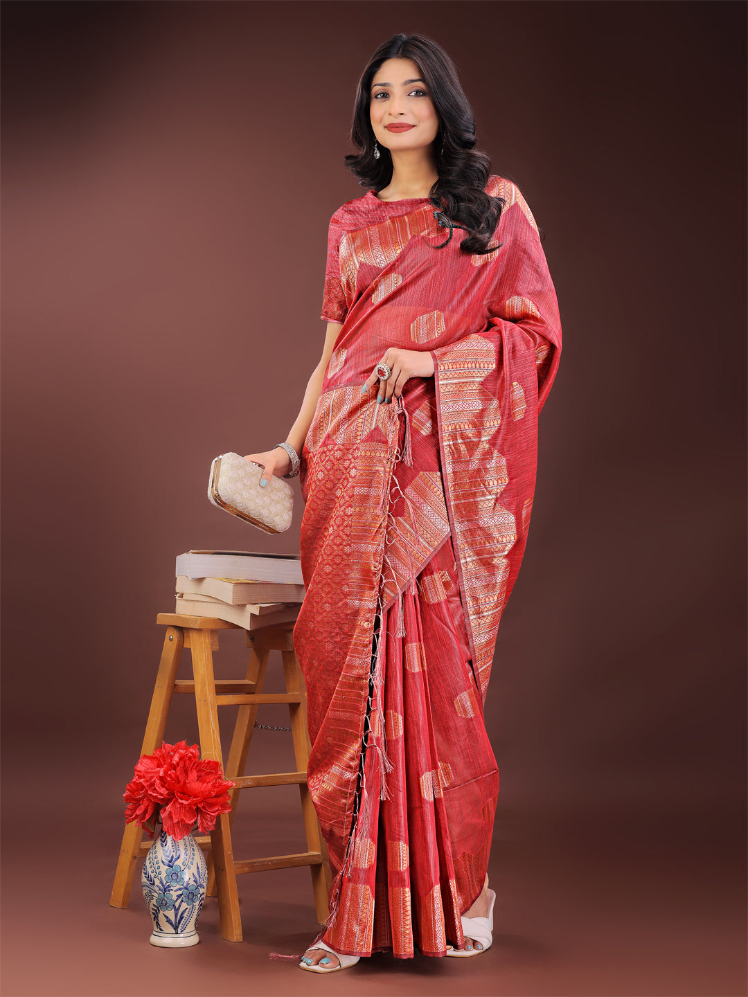 Red Linen Cotton Saree with Geometric Zari Motifs