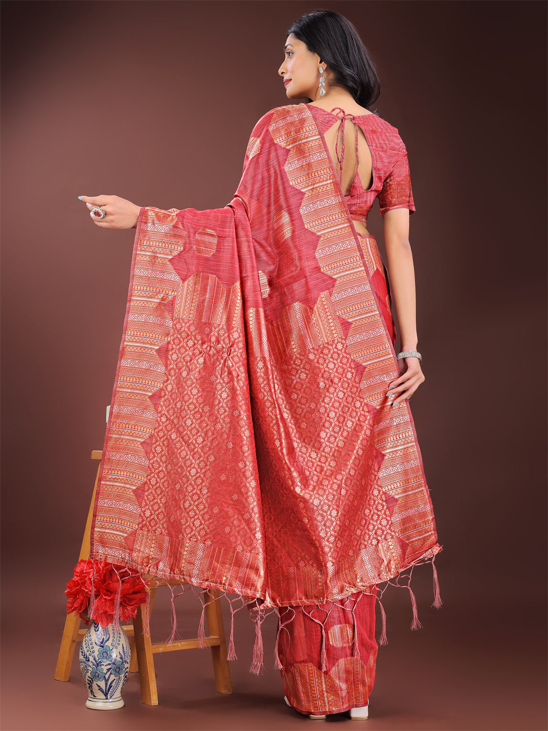 Red Linen Cotton Saree with Geometric Zari Motifs