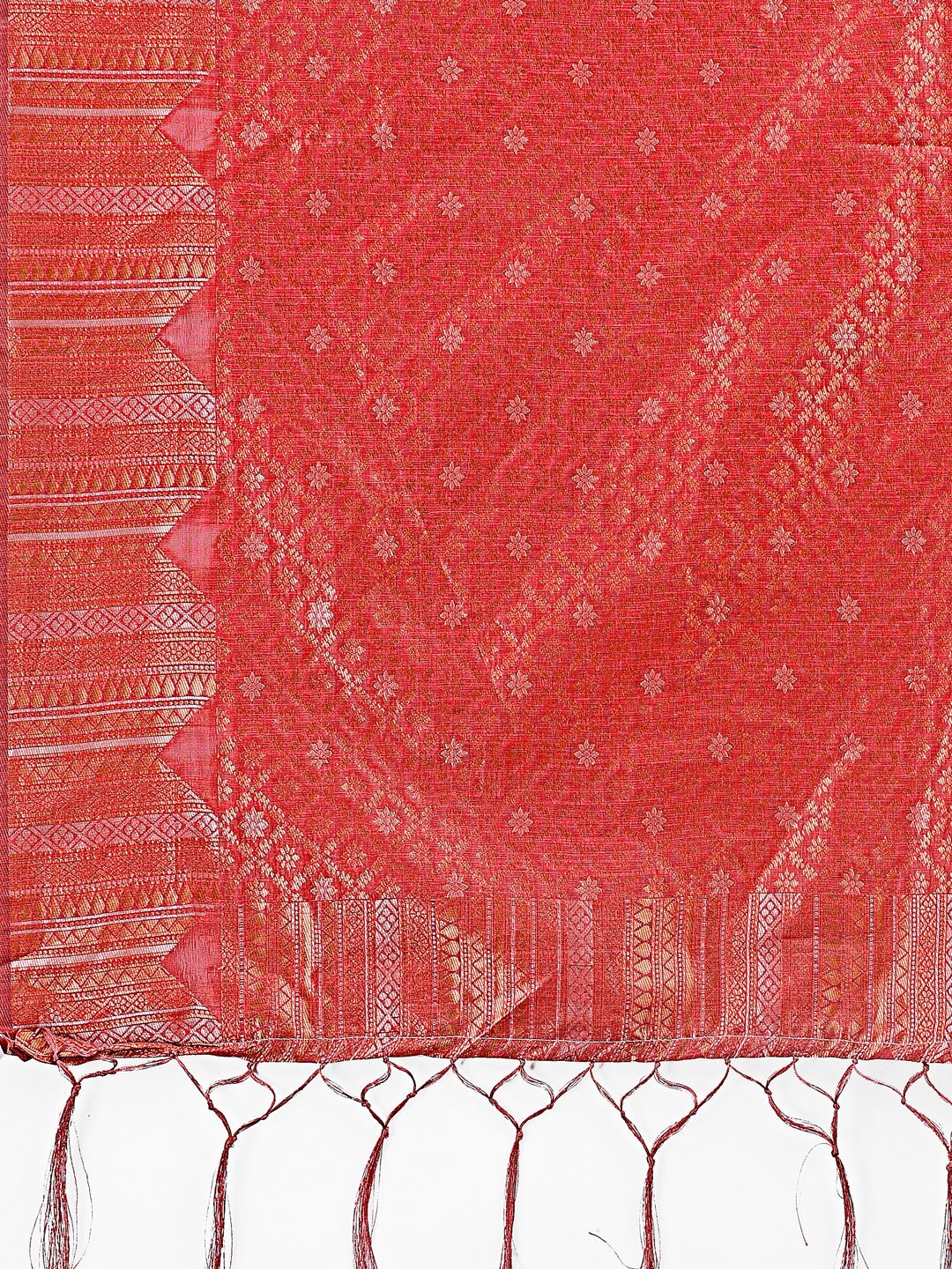 Red Linen Cotton Saree with Geometric Zari Motifs