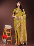 Mustard linen cotton saree with woven zari geometric patterns
