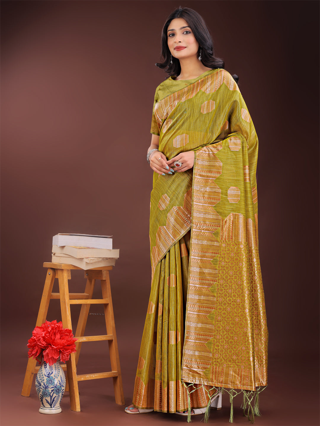 Mustard Linen Cotton Saree with Woven Geometric Zari Motifs