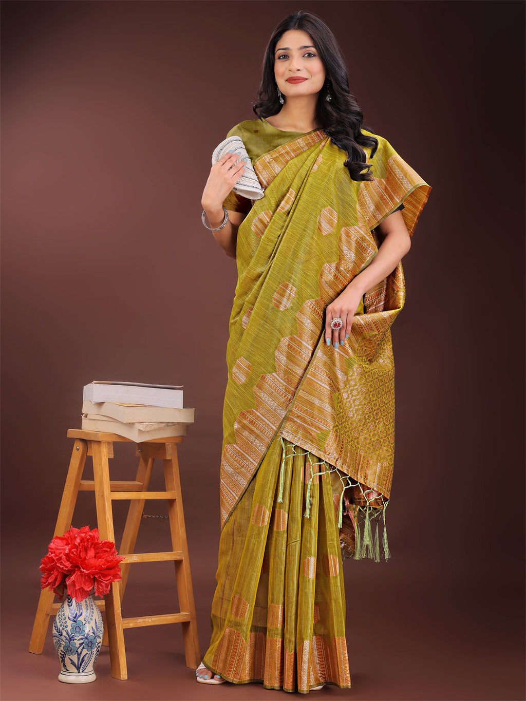 Mustard Linen Cotton Saree with Woven Geometric Zari Motifs