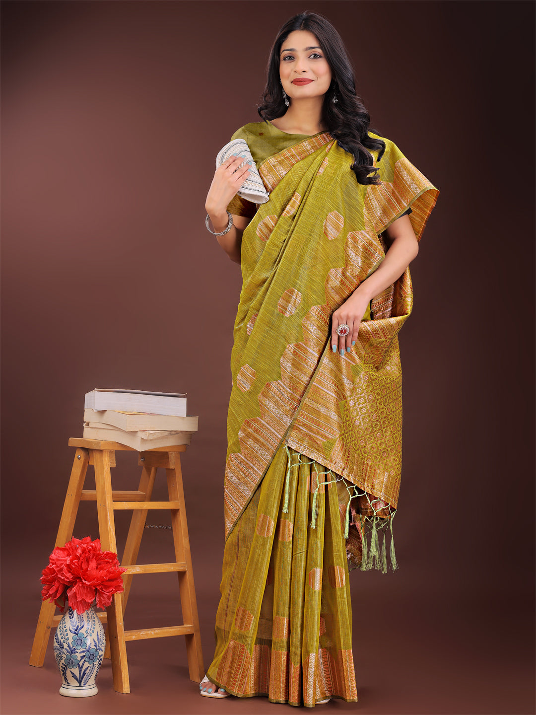 Mustard Linen Cotton Saree with Woven Geometric Zari Motifs